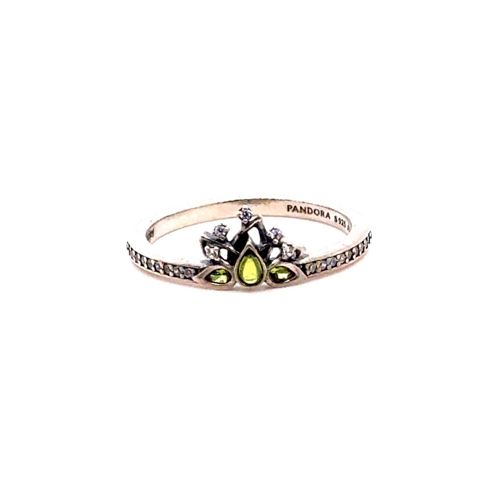 Pandora Disney Princess Tiana Tiara Ring Sterling Silver Green Crystal Size 9